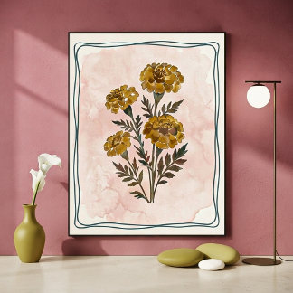 Poster Margaridas Botânicas Vintage e Beijo de Aguarela