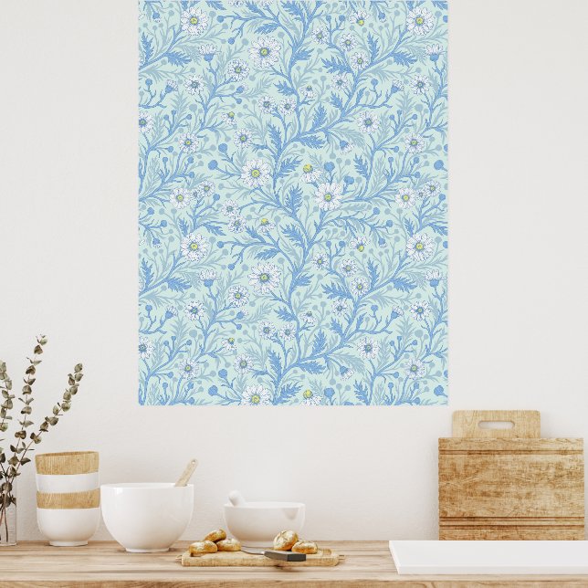 Poster Margaridas em branco e azul sobre vidro marinho (Cozinha)