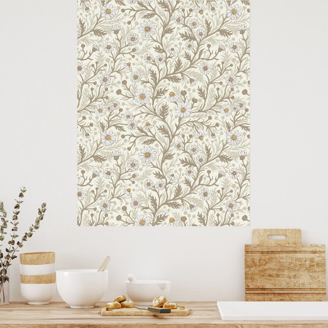 Poster Margaridas em branco e marrom sobre branco fosco (Cozinha)