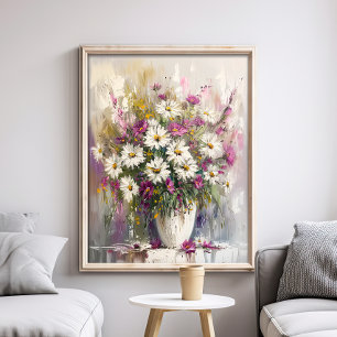 Poster Margaridas Pintadas com Tinta Guache Roxa e Branca