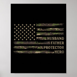 Poster Marido Pai Protetor Herói Camuflagem Bandeira EUA
