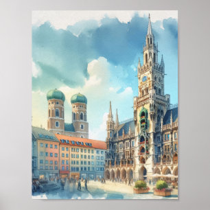 Poster Marienplatz Munique Alemanha Watercolor