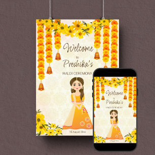 Poster Marigolds cute Indian girl Haldi custom welcome
