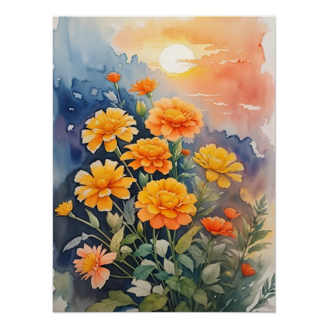 Póster Marigolds em Watercolor (Frente)