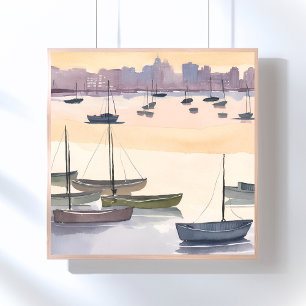 Poster Marina de Barcos   Baía Oceânica em Aquarela