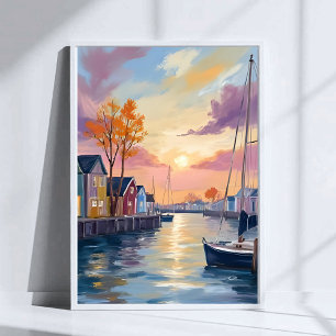 Poster Marina de Barcos   Pintura em Aquarela da Baía Cos
