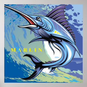 Poster Marine Animal Big Fish Marlin Natação o oceano