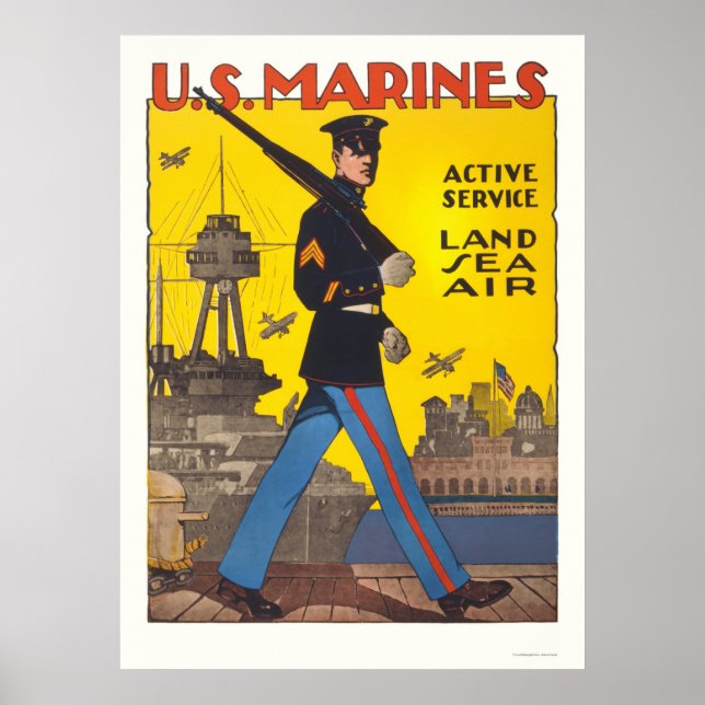 Póster Marines - serviço ativo - terra, mar, ar (Frente)