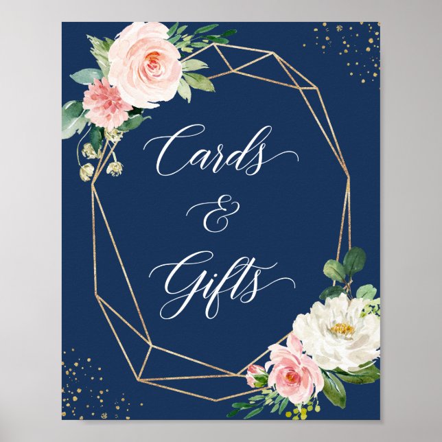 Poster Marinho Azul Blush Floral Cards e Sinal de present (Frente)