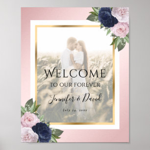 Poster Marinho Azul Blush Floral Foto de Boas-vindas