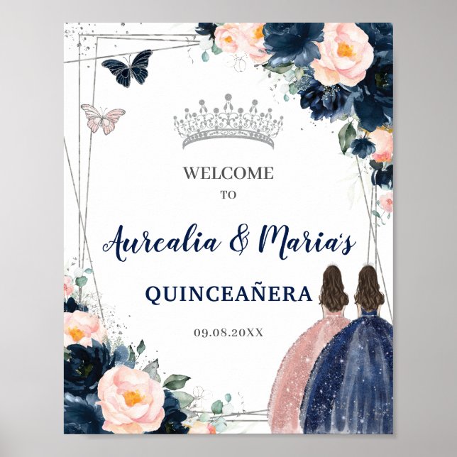 Poster Marinho Azul Blush Gêmeas Florais Silver Quinceañe (Frente)