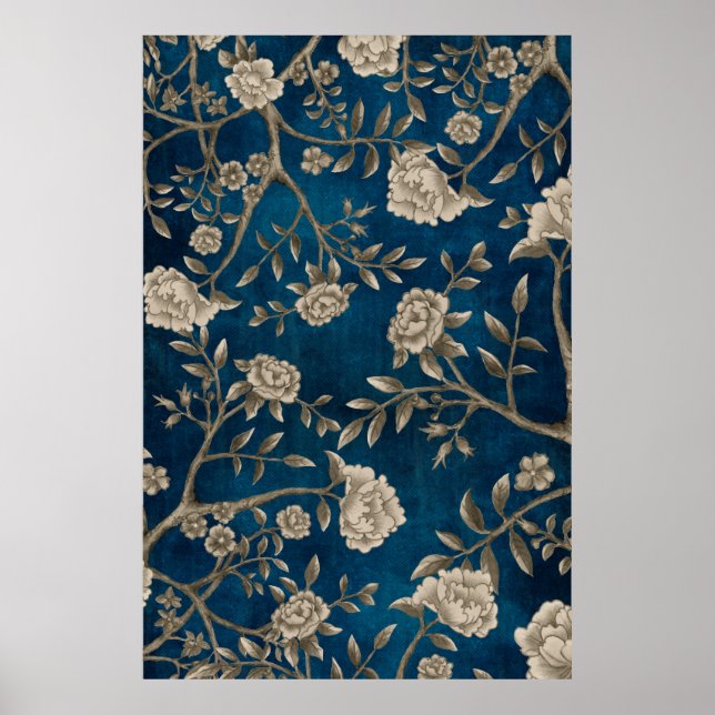 Poster Marinho Azul Chinoiserie Flower Wall Art (Frente)