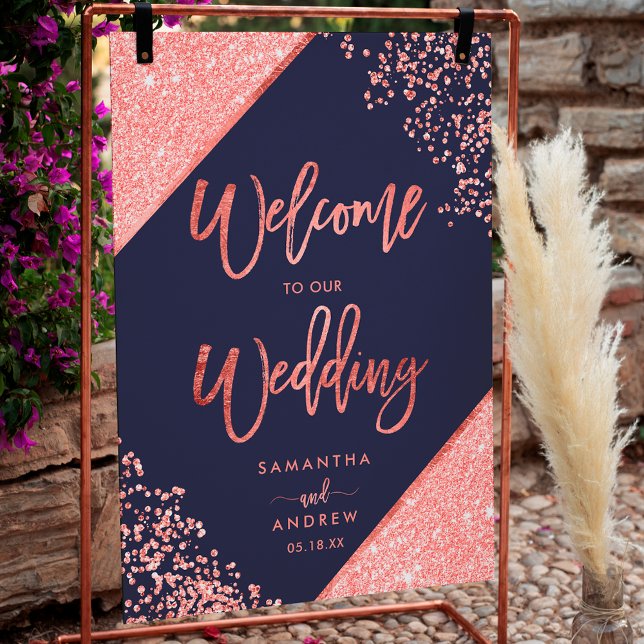 Poster Marinho azul de coral moderno casamento de boas-vi (Modern coral glitter navy blue welcome wedding poster)
