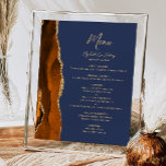 Poster Marinho Azul de  de Agata Laranja Queimada Menu Me<br><div class="desc">A borda esquerda deste elegante cardápio moderno de casamento mostra uma borda de cor laranja queimada, aparada com uma falso brilho dourado. A palavra "Menu" aparece em um script de escrita manuscrita dourado em um fundo azul marinho. Personalize o texto restante com os nomes do casal, a data do casamento...</div>