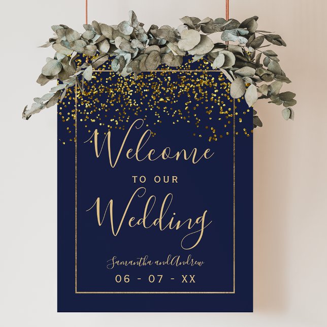Poster Marinho azul de  de ouro chique (Chic gold confetti navy blue wedding welcome poster)