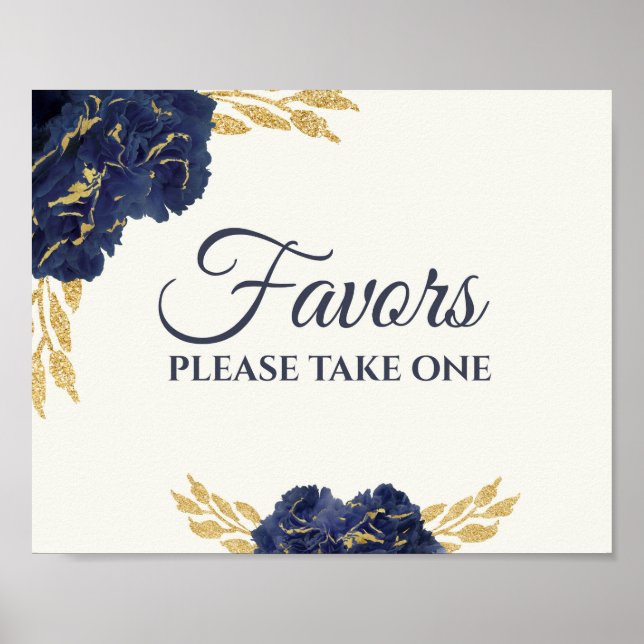 Poster Marinho Azul Dourado Casamento Floral Favoritos Si (Frente)