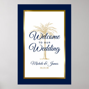 Poster Marinho Azul Dourado Palm Tree Casamento Bem-Vindo