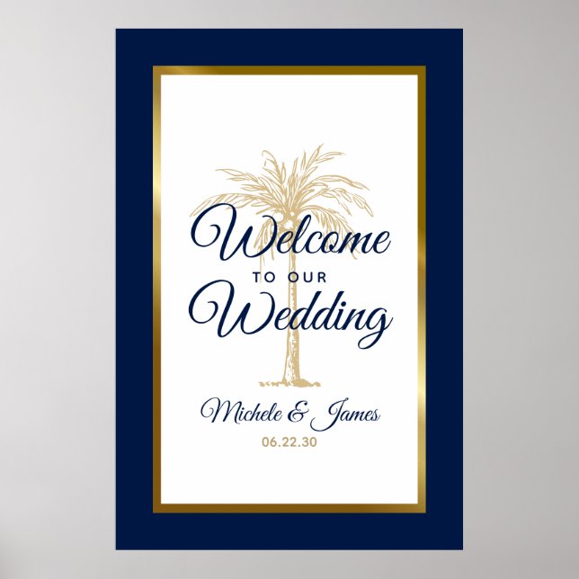 Poster Marinho Azul Dourado Palm Tree Casamento Bem-Vindo (Frente)