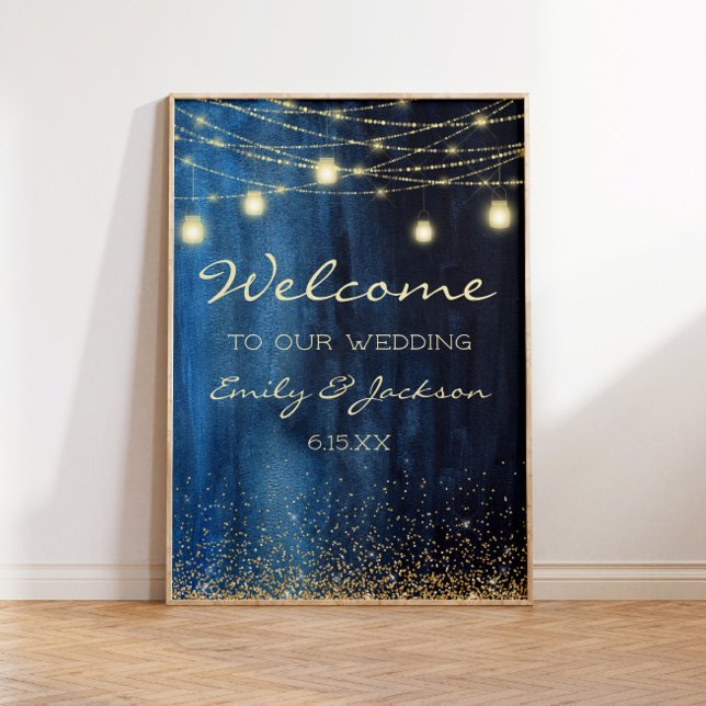 Poster Marinho Azul Dourado String Luzes Boas-vindas (Navy blue and gold string lights wedding welcome poster)