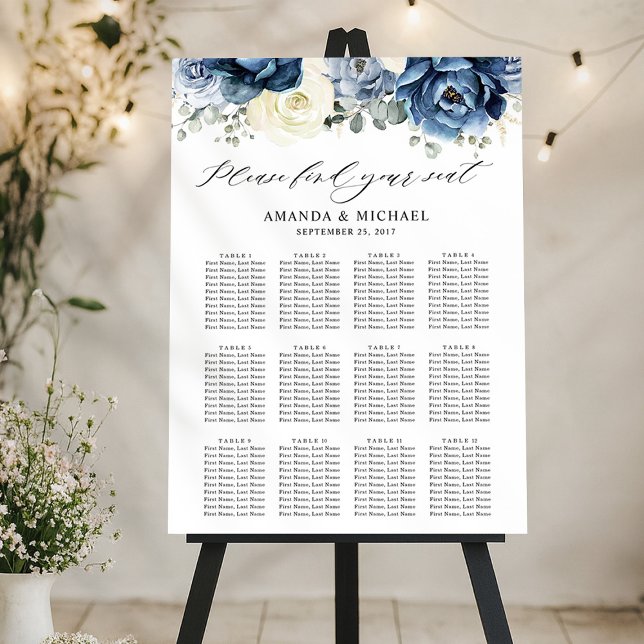 Poster Marinho azul Dusty Champagne Cartaz de marfim (Dusty Blue Navy Champagne Ivory Seating chart)