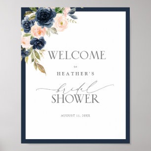 Poster Marinho Azul e Blush Floral Watercolor Chá Bem-vi