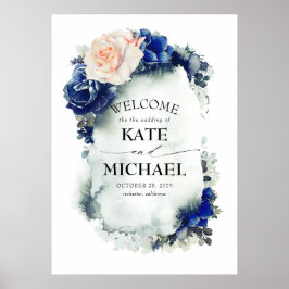 Poster Marinho Azul e Casamento vintage Floral de Pêssego