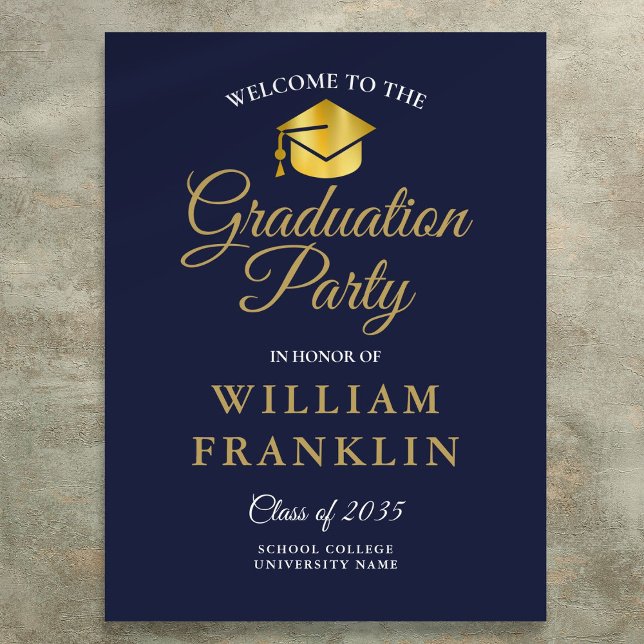 Poster Marinho Azul E Dourado Sinal De Boas-Vindas Da Fes (Navy Blue And Gold Graduation Party Welcome Sign)
