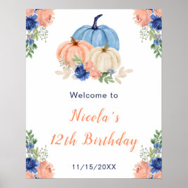 Poster Marinho Azul e Pumpkins Aniversário Bem-vindo