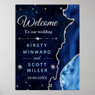 Poster Marinho Azul e Silver Glitter Agate e Casamento de