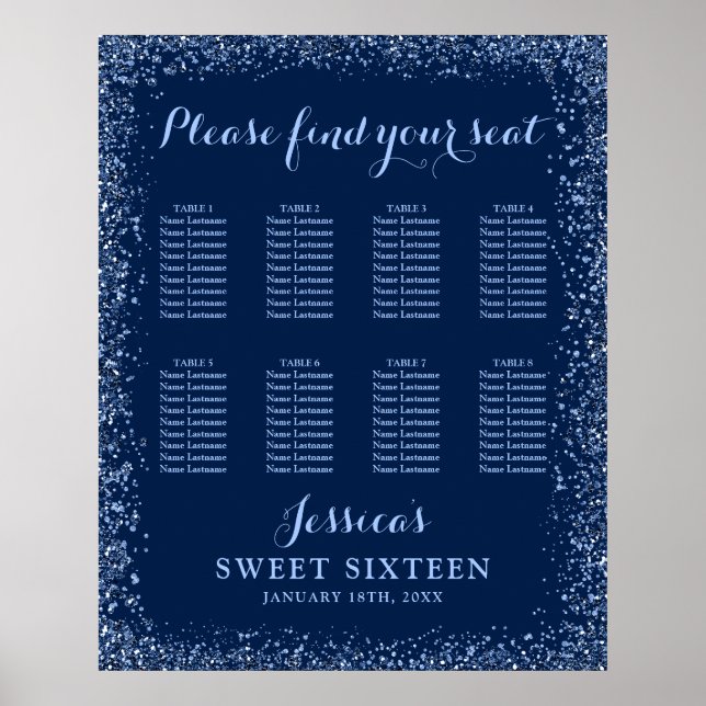 Poster Marinho Azul Faux Glitter Sweet 16 Seating Chart (Frente)