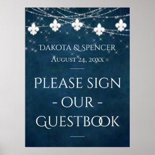 Poster Marinho Azul Fleur de Lis Fairy Light   Sinal de c