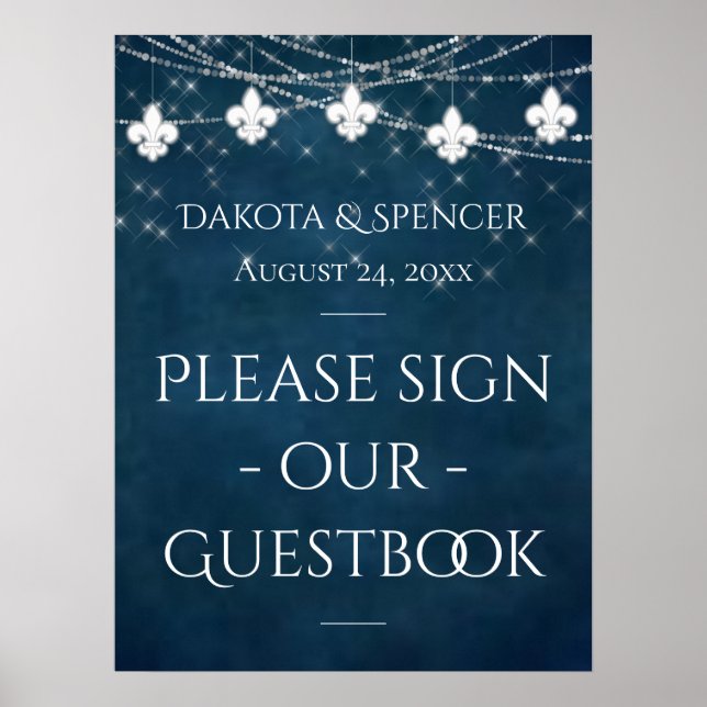 Poster Marinho Azul Fleur de Lis Fairy Light | Sinal de c (Frente)