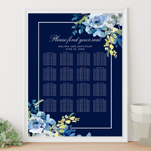 Poster Marinho Azul Floral Casamento 16 Mesa (Criador carregado)