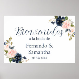 Poster Marinho Azul Floral Casamento Espanhol Sinal de Bo
