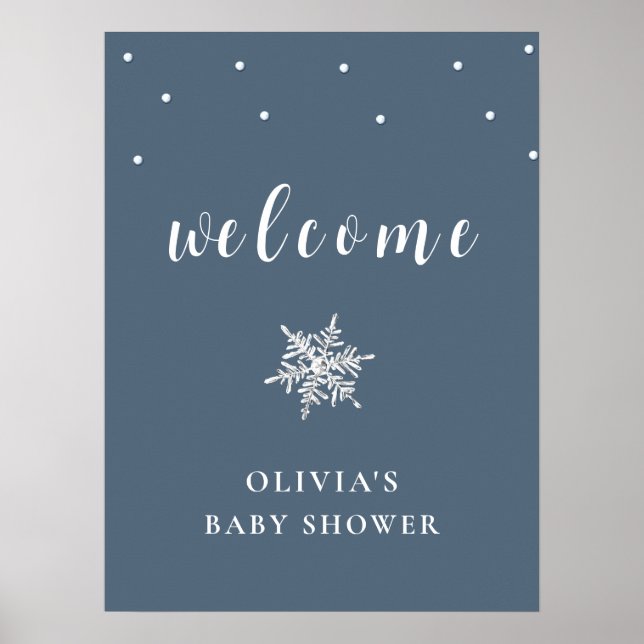 Poster Marinho Azul Mínimo Chá de fraldas Snowflake Bem-v (Frente)