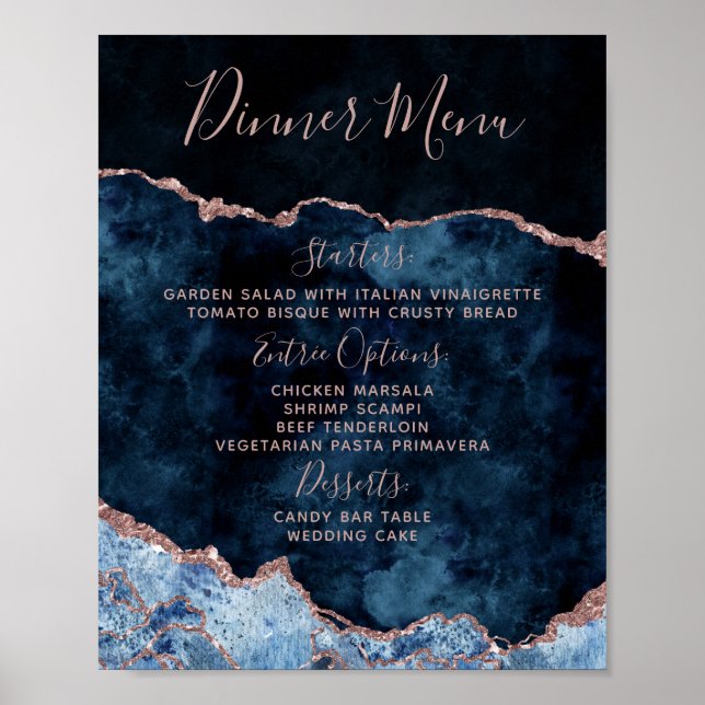Poster Marinho Azul Rosa Dourado Agate Menu Mesa Carimbo (Frente)