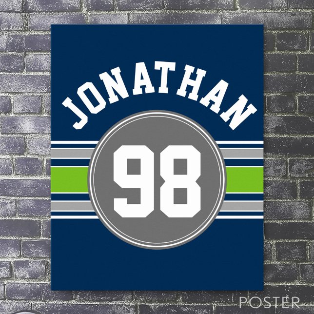 Póster Marinho azul Verde Sports Jersey Stripe Nome (Custom Sporty Poster)