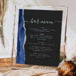 Poster Marinho Bar de Casamento Agata de Prata Azul Escur<br><div class="desc">Um sinal elegante para o seu menu de bar de casamento. As palavras "menu bar" aparecem na caligrafia da cinza prateada com baloiços no início e no fim, com texto personalizável abaixo. Uma marinho azul-água agate design aparada com cintilação cintilante prateada decora borda esquerda em um fundo preto ardente. Veja...</div>