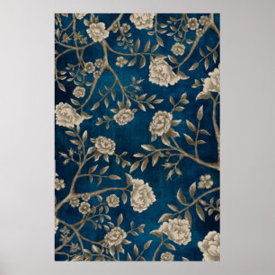 Poster Marinho Blue Chinoiserie Flower Wall Art