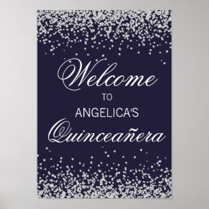 Poster Marinho Blue Silver Glitter Quinceañera Bem-vindo