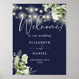 Poster Marinho Blue String Lights Floral Weding Bem-vindo