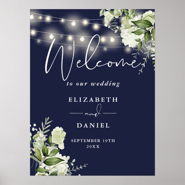 Poster Marinho Blue String Lights Floral Weding Bem-vindo (Frente)