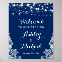Póster Marinho Blue String Lights White Lace Weding Sign