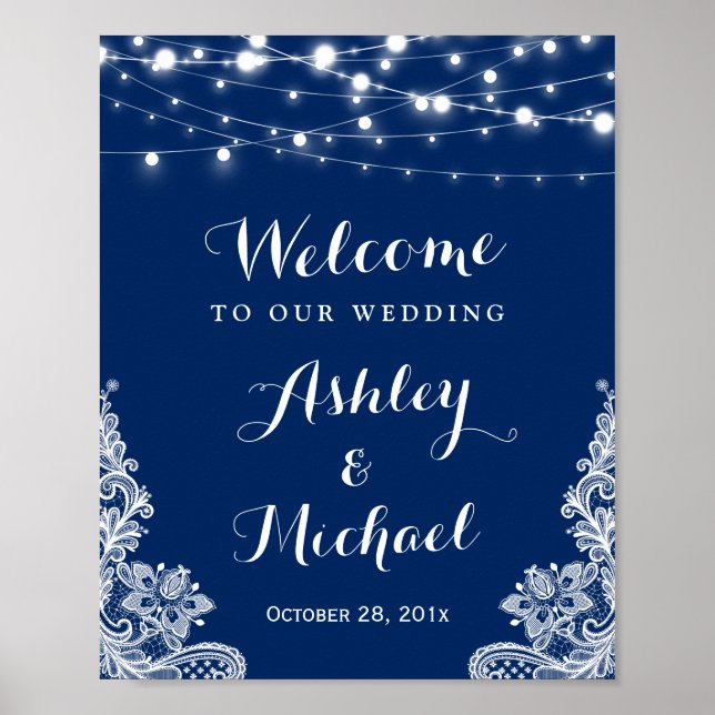 Póster Marinho Blue String Lights White Lace Weding Sign (Frente)