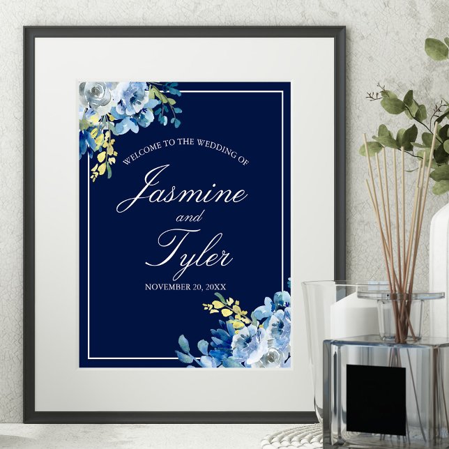 Poster Marinho Blue White Floral Elegante Boas-vindas (Criador carregado)