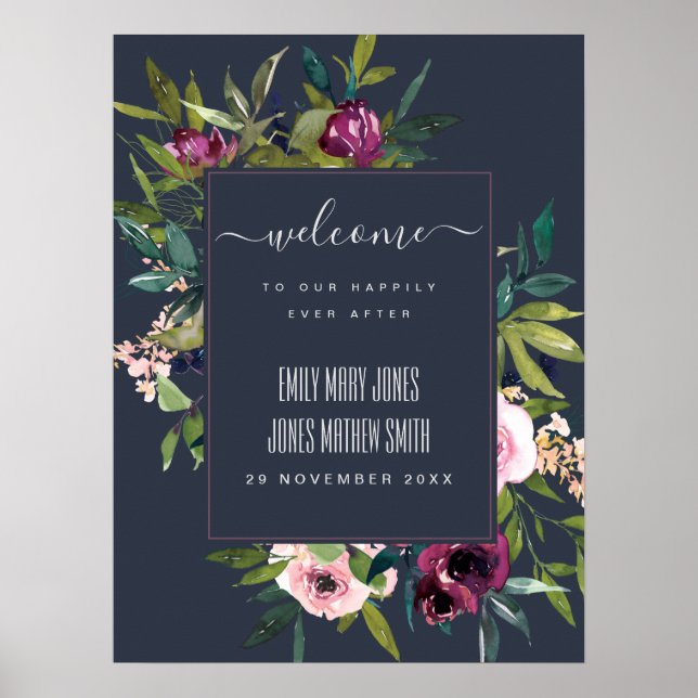 POSTER MARINHO BLUSH BURGUNDY FLORAL BUNCH CASAMENTO BEM- (Frente)