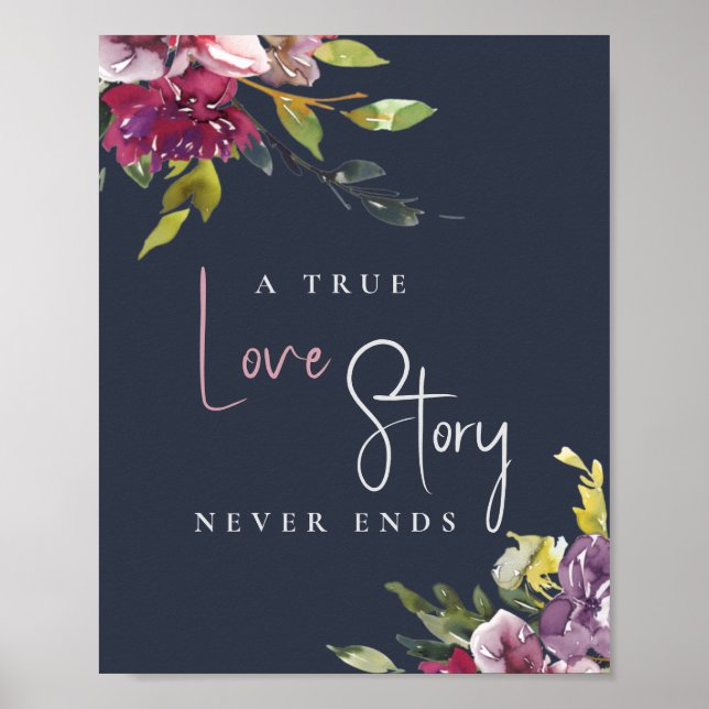 Poster Marinho Blush Burgundy Floral True Love Nunca Term (Frente)