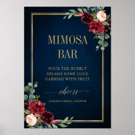 Poster Marinho Borgonha Blush Bar Dourado Floral Mimosa