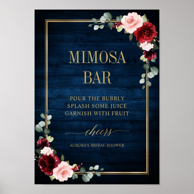 Poster Marinho Borgonha Blush Floral Dourado Mimosa Poste (Frente)