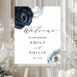 Poster Marinho Chic Blue Peony Floral Weding Bem-vindo